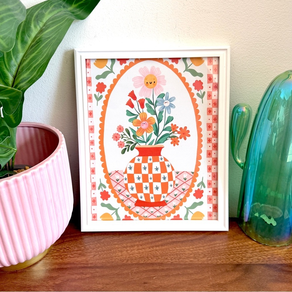 Whimsical Vase of Flowers Cheerful Colorful Canvas Art Print White Framed Art